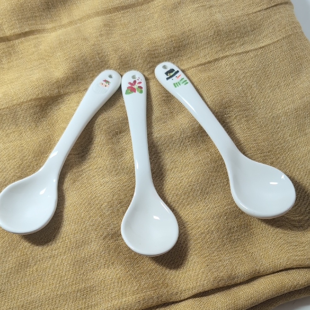 Set of 3 White Ceramic Spoons w/Holiday Designs: Santa, Snowman & Poinsettia